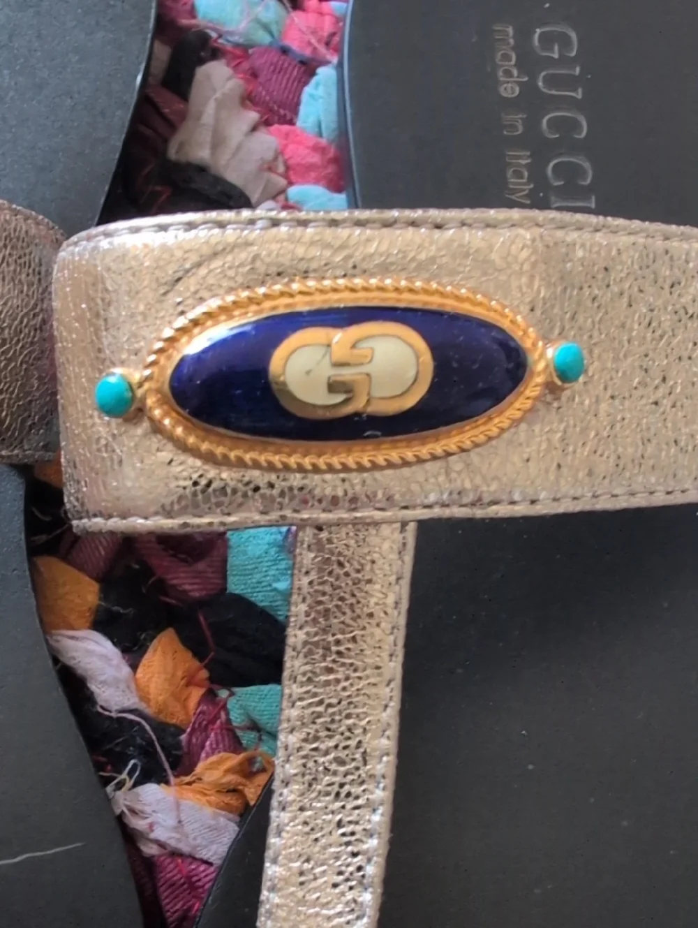 Gucci Metallic Gold Thong Sandals with Black Footbed and Blue Accents